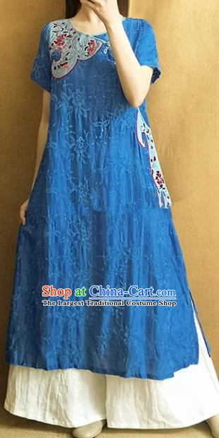 Traditional Chinese Embroidered Royalblue Linen Cheongsam Qipao Dress Tang Suit National Costume for Women