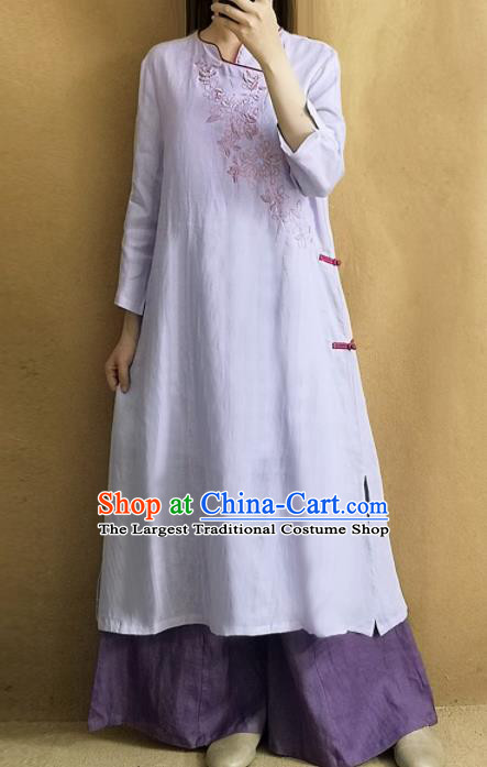 Traditional Chinese Embroidered Lilac Linen Qipao Dress Tang Suit Cheongsam National Costume for Women