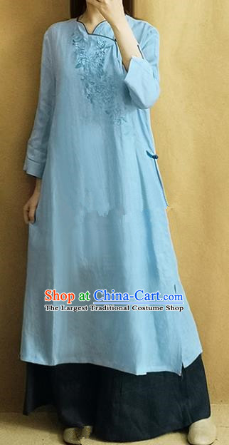 Traditional Chinese Embroidered Blue Linen Qipao Dress Tang Suit Cheongsam National Costume for Women