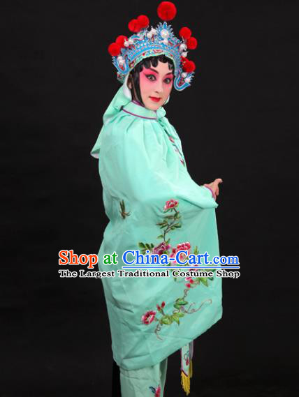 Handmade Chinese Beijing Opera Embroidered Peony Green Cloak Traditional Peking Opera Diva Costume for Women
