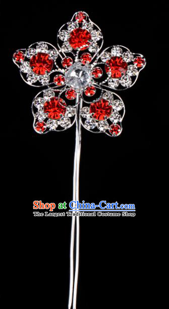Chinese Handmade Beijing Opera Hair Accessories Traditional Ancient Princess Red Crystal Flower Hairpins for Women