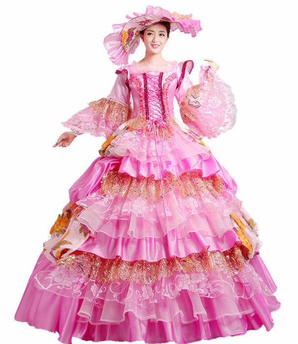 Europe Medieval Traditional Court Costume European Princess Pink Full Dress for Women