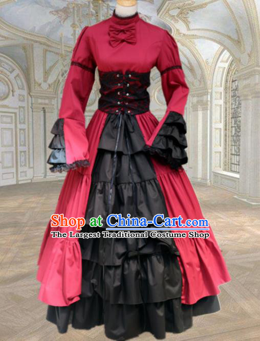 Europe Medieval Traditional Court Costume European Maidservant Red Full Dress for Women