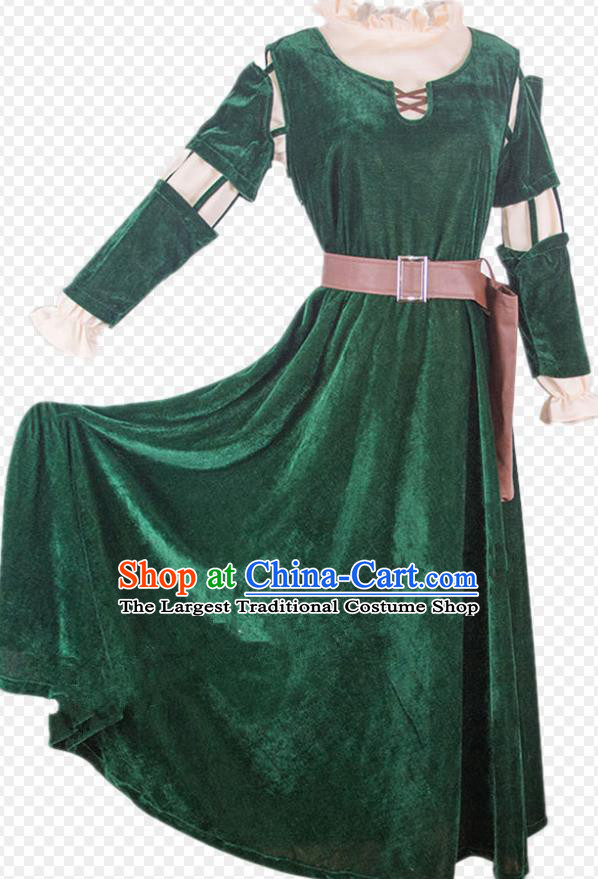 Europe Medieval Traditional Court Princess Costume European Green Velvet Full Dress for Women