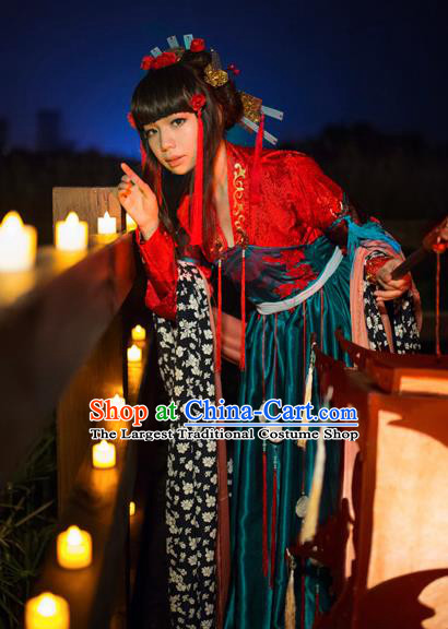 Traditional Chinese Cosplay Swordswoman Red Hanfu Dress Ancient Court Lady Costume for Women