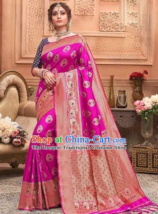Indian Traditional Costume Asian India Fushcia Sari Dress Bollywood Court Queen Clothing for Women
