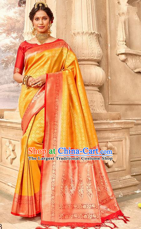Indian Traditional Costume Asian India Golden Brocade Sari Dress Bollywood Court Queen Clothing for Women