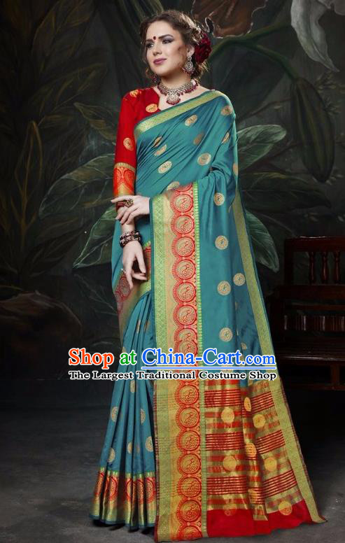Asian India Traditional Bollywood Peacock Blue Sari Dress Indian Court Queen Costume for Women