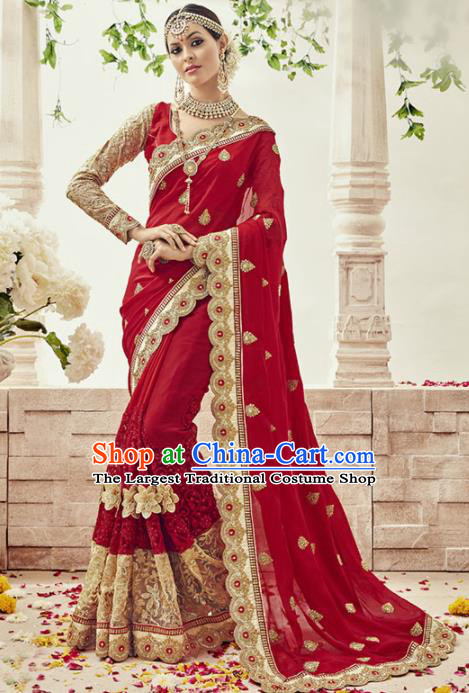 Asian India Traditional Bollywood Bride Red Sari Dress Indian Court Queen Wedding Costume for Women