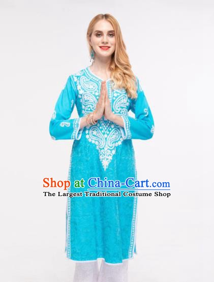 South Asian India Traditional Punjabi Costumes Asia Indian National Yoga Blue Blouse and Pants for Women