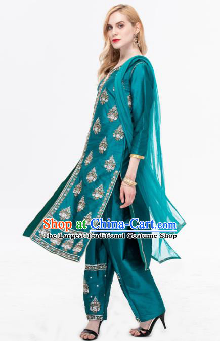 South Asian India Traditional Punjabi Costumes Asia Indian National Yoga Peacock Green Blouse and Pants for Women
