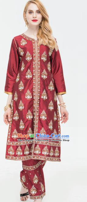 South Asian India Traditional Punjabi Costumes Asia Indian National Yoga Purplish Red Blouse and Pants for Women