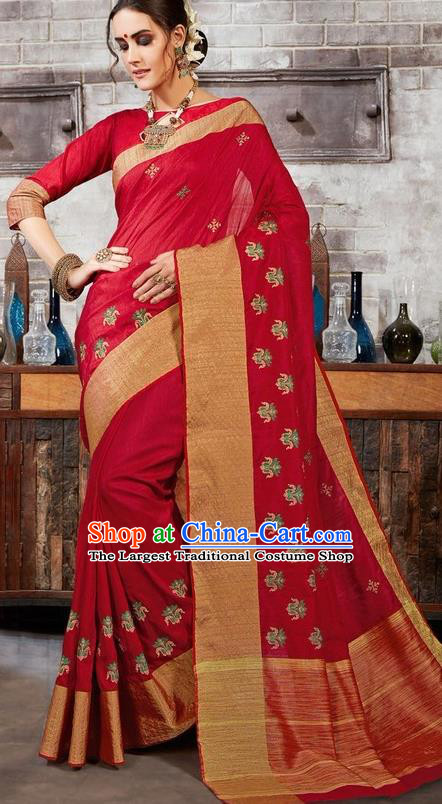 South Asian India Traditional Bollywood Wine Red Sari Dress Indian Court Wedding Bride Costume for Women