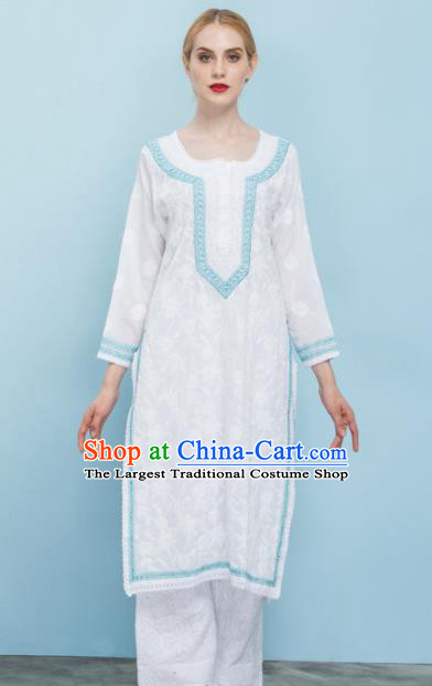 South Asian India Traditional Yoga Costumes Asia Indian National White Punjabi Suit Dress and Pants for Women