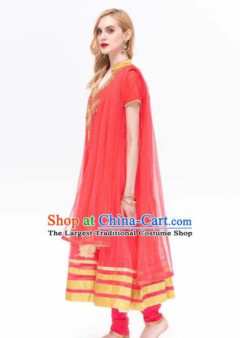 South Asian India Traditional Yoga Costumes Asia Indian National Punjabi Red Veil Dress and Pants for Women