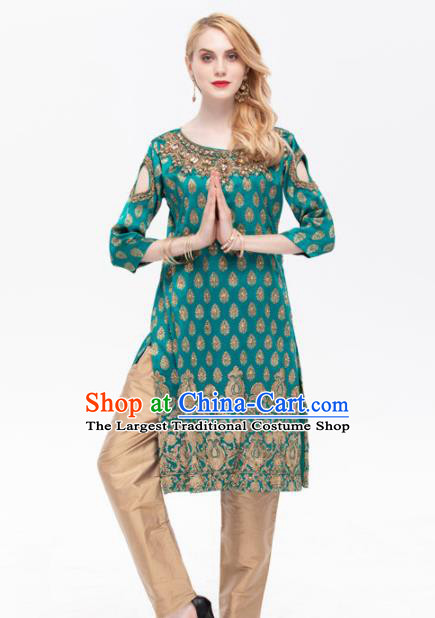 South Asian India Traditional Green Dress Asia Indian National Punjabi Suit Costume for Women