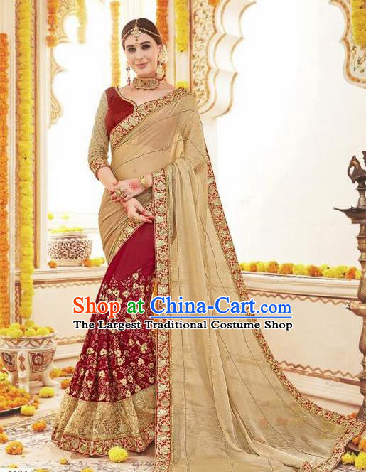 Asian India Traditional Wedding Sari Dress Indian Bollywood Court Bride Khaki Costume for Women