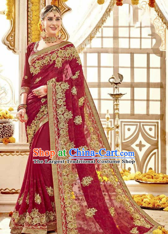Asian India Traditional Court Wedding Wine Red Sari Dress Indian Bollywood Bride Costume for Women