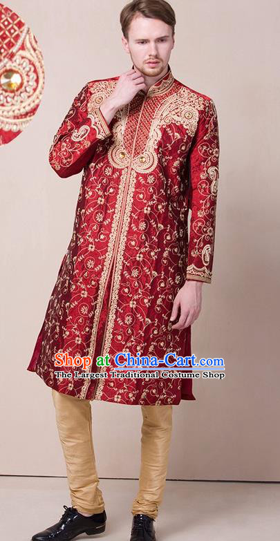 South Asian India Traditional Wedding Costume Asia Indian National Bridegroom Wine Red Suits for Men