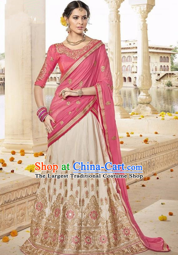 Asian India Traditional Bride Embroidered Beige Sari Dress Indian Bollywood Court Queen Costume Complete Set for Women