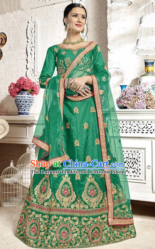 Asian India Traditional Wedding Bride Embroidered Green Sari Dress Indian Bollywood Court Queen Costume Complete Set for Women