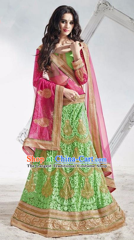 Asian India Traditional Wedding Bride Embroidered Green Lace Sari Dress Indian Bollywood Court Queen Costume Complete Set for Women