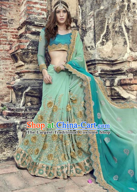 Asian India Traditional Court Princess Embroidered Green Sari Dress Indian Bollywood Bride Costume Complete Set for Women