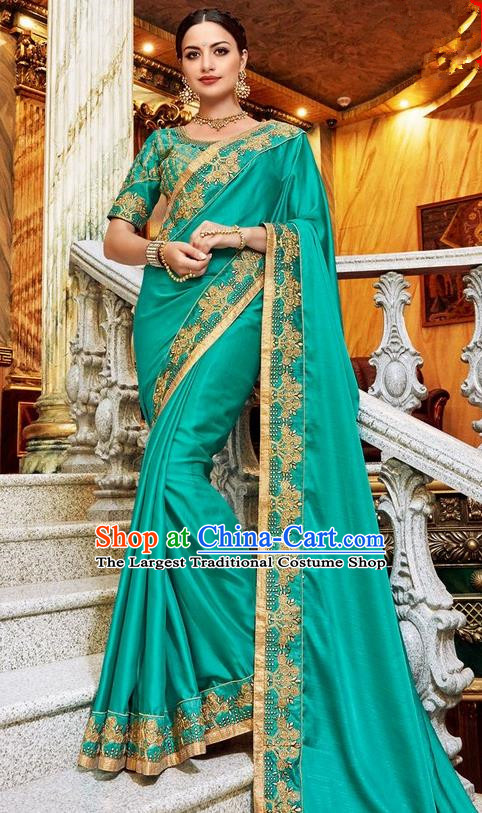 Asian India Traditional Court Princess Green Sari Dress Indian Bollywood Bride Embroidered Costume for Women