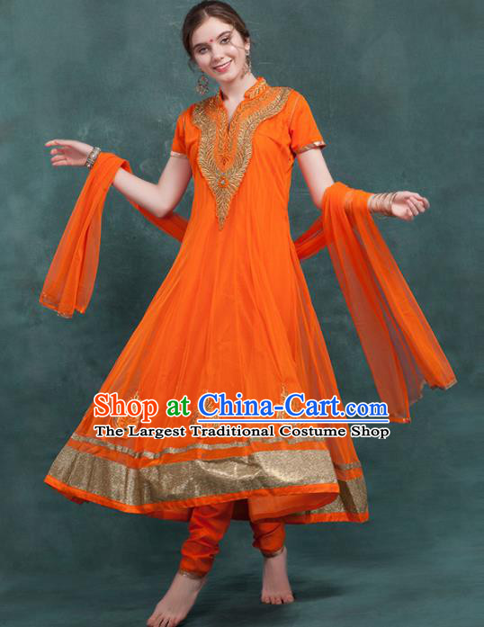 South Asian India Traditional Orange Dress Costume Asia Indian National Punjabi Suit for Women