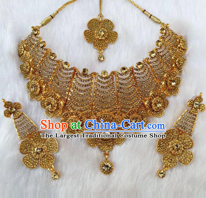 South Asian India Traditional Jewelry Accessories Indian Bollywood Golden Crystal Necklace Earrings Hair Clasp for Women
