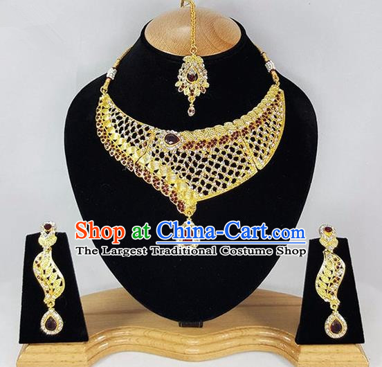 Traditional Indian Bollywood Golden Necklace Earrings and Eyebrows Pendant India Princess Jewelry Accessories for Women