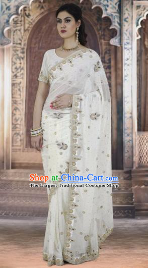 Indian Traditional Bollywood White Sari Dress Asian India Royal Princess Embroidered Costume for Women