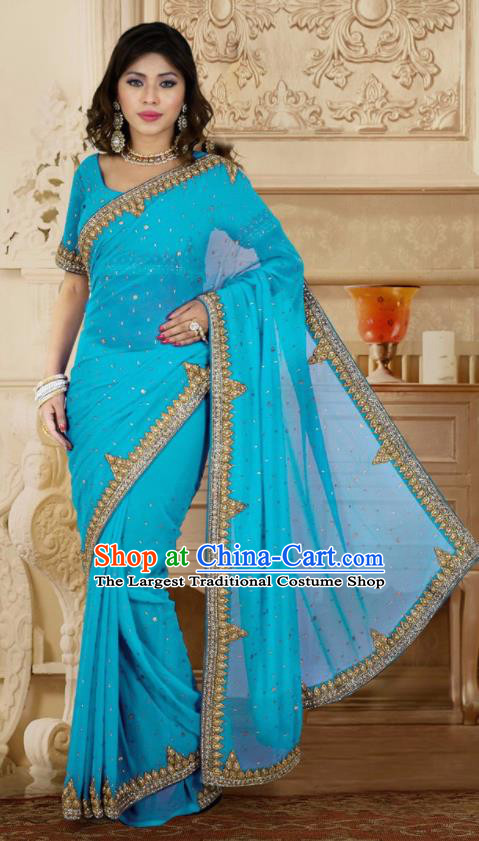 Indian Traditional Court Blue Sari Dress Asian India Bollywood Royal Princess Costume for Women