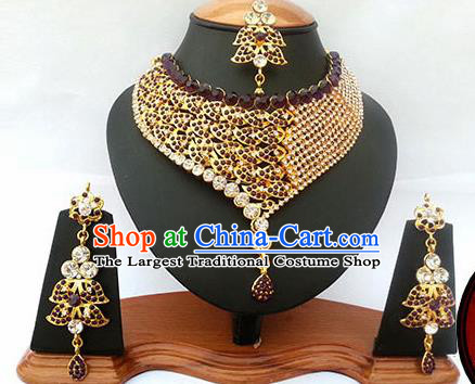 Traditional Indian Jewelry Accessories Bollywood Princess Purple Crystal Necklace Earrings and Eyebrows Pendant for Women