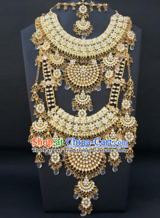 Traditional Indian Jewelry Accessories Bollywood Princess Golden Necklace Earrings and Hair Clasp for Women