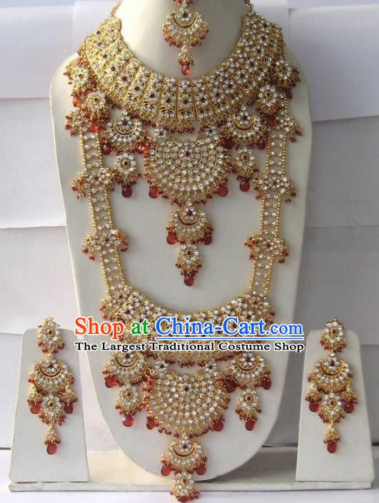 Traditional Indian Wedding Jewelry Accessories Bollywood Red Beads Necklace Earrings and Hair Clasp for Women