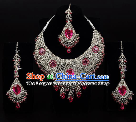 Traditional Indian Wedding Accessories Bollywood Princess Rosy Crystal Golden Necklace Earrings and Hair Clasp for Women