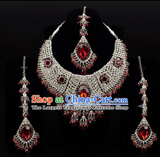 Traditional Indian Wedding Accessories Bollywood Princess Red Crystal Golden Necklace Earrings and Hair Clasp for Women