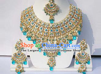 Traditional Indian Wedding Accessories Bollywood Princess Blue Beads Necklace Earrings and Hair Clasp for Women