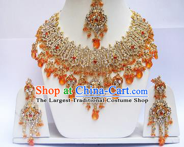 Traditional Indian Wedding Orange Beads Accessories Bollywood Princess Necklace Earrings and Hair Clasp for Women