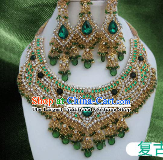 Traditional Indian Wedding Accessories Bollywood Green Crystal Necklace Earrings and Hair Clasp for Women