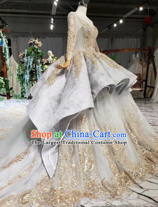 Top Grade Customize Embroidered Grey Trailing Full Dress Court Princess Waltz Dance Costume for Women