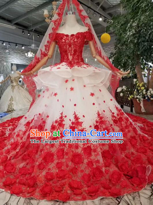 Top Grade Customize Catwalks Embroidered Red Flowers Full Dress Court Princess Waltz Dance Costume for Women