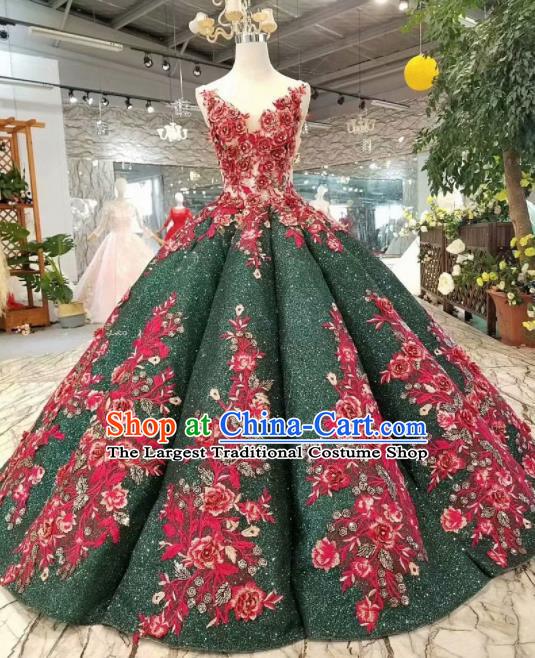 Top Grade Customize Catwalks Embroidered Atrovirens Full Dress Court Princess Waltz Dance Costume for Women