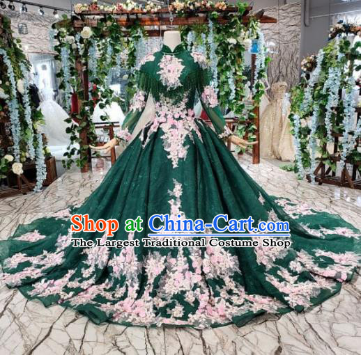 Customize Embroidered Deep Green Veil Trailing Full Dress Top Grade Court Princess Waltz Dance Costume for Women