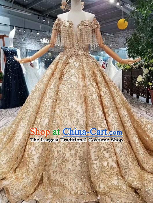 Customize Modern Fancywork Court Embroidered Golden Full Dress Top Grade Waltz Dance Costume for Women
