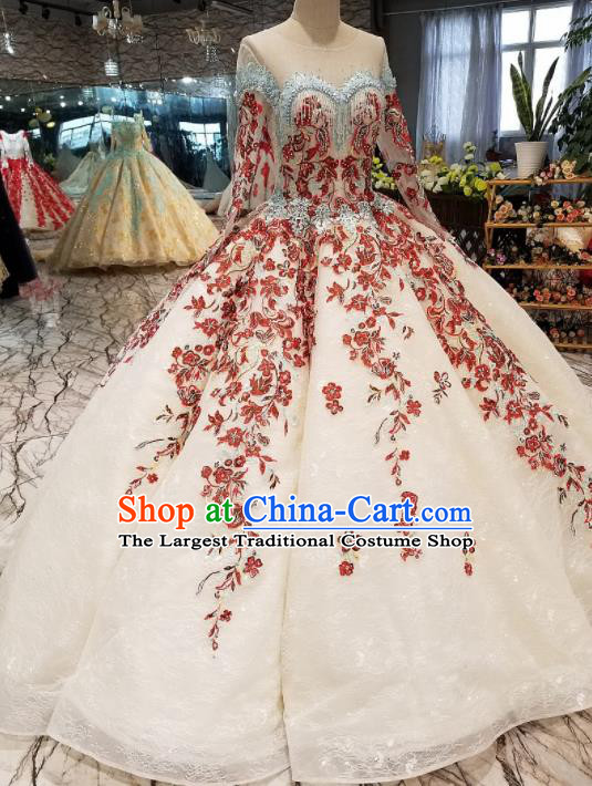 Top Grade Embroidered White Trailing Full Dress Customize Modern Fancywork Princess Waltz Dance Costume for Women