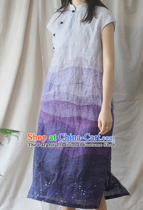 Chinese Traditional National Costume Purple Linen Qipao Dress Tang Suit Cheongsam for Women