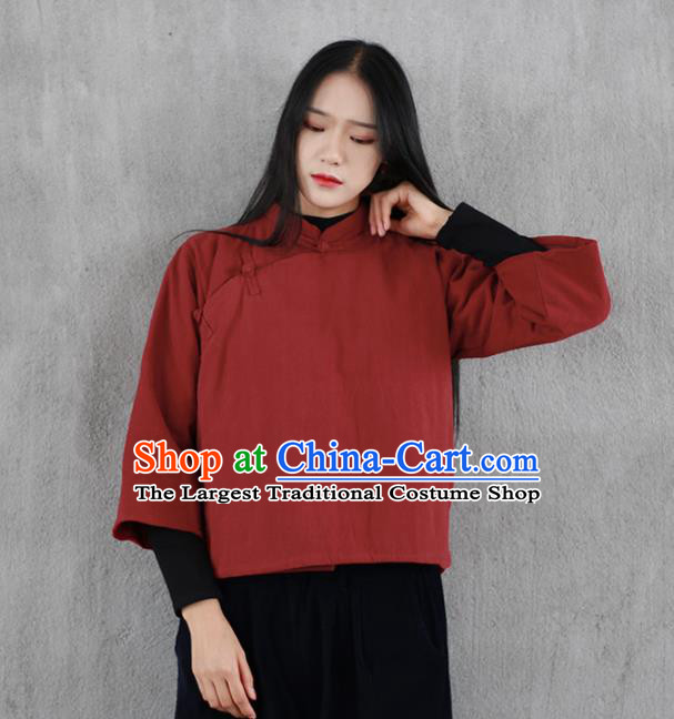 Chinese Traditional National Costume Red Cotton Wadded Jacket Tang Suit Upper Outer Garment for Women