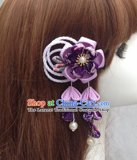 Traditional Japan Purple Silk Sakura Tassel Hair Claw Japanese Kimono Hair Accessories for Women